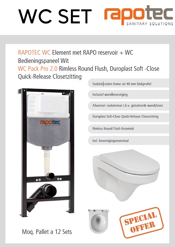 Rapotec WC Element  + bedieningspaneel Wit + WC Pack Pro 2.0 Rimless RAPOSET