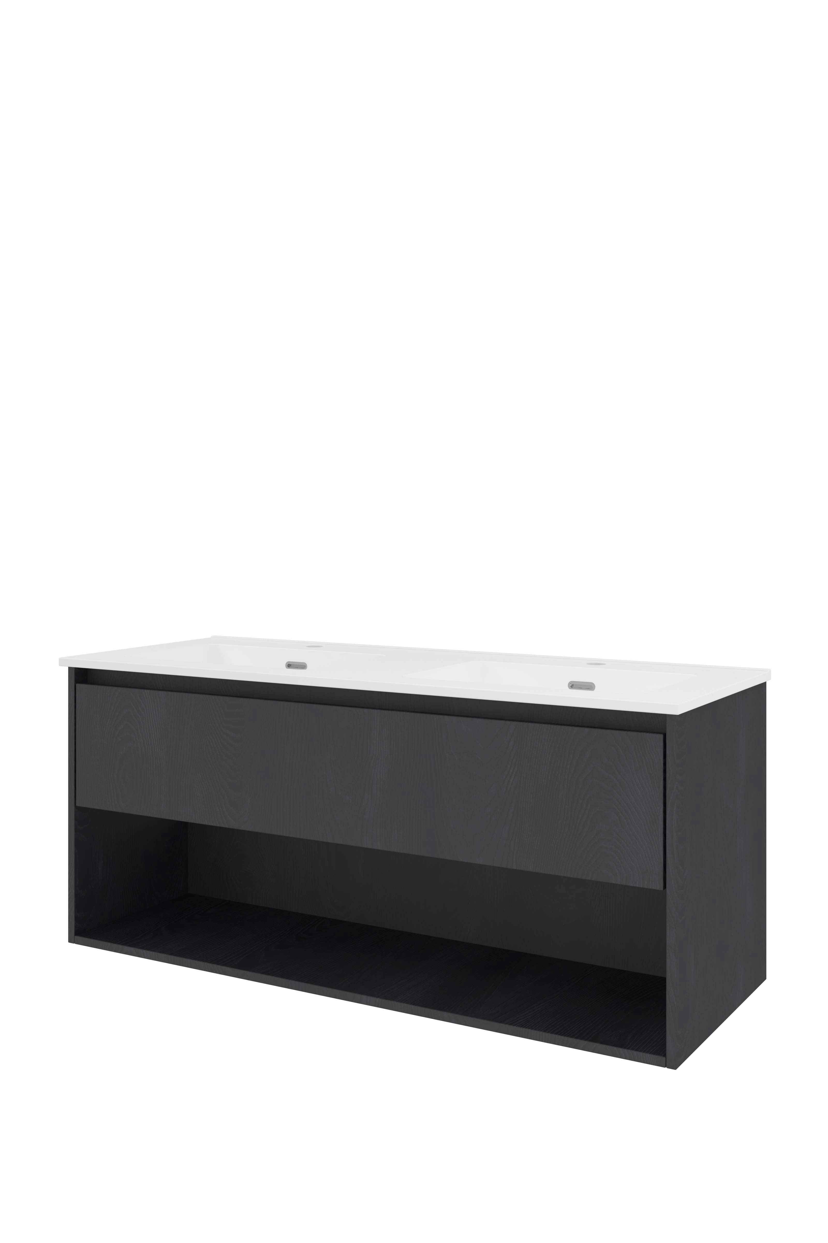 Proline Set porselein Elegant wast. dubbel met 2 kr.gaten en onderkast met schap TGWA120D2BO Black oak/Glans wit 1200x460x540