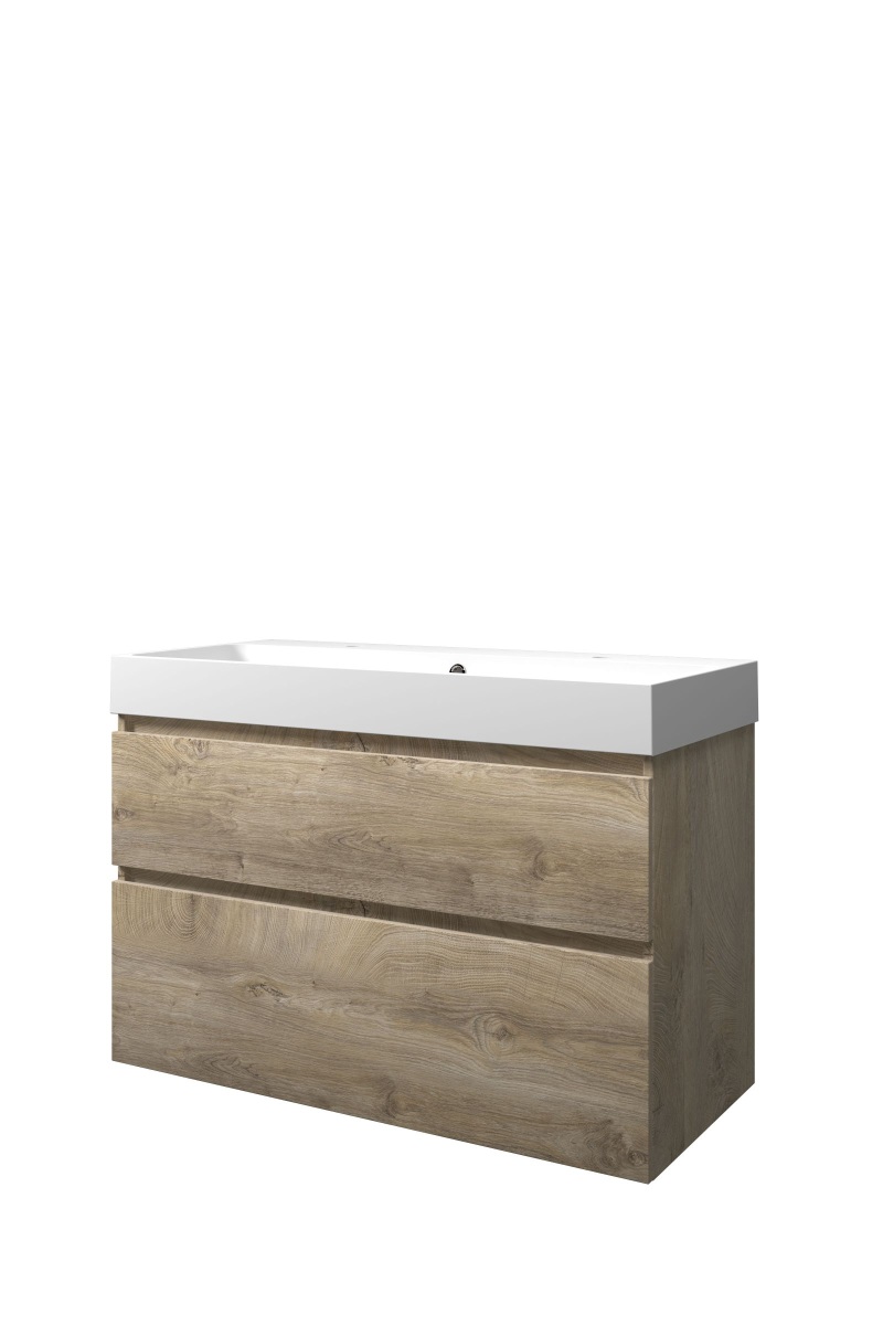 Proline set polystone Loft wast. met 2 krgt. en onderk. a-sym. PMWC1002RO Raw oak/Mat wit H700xB1000xD460