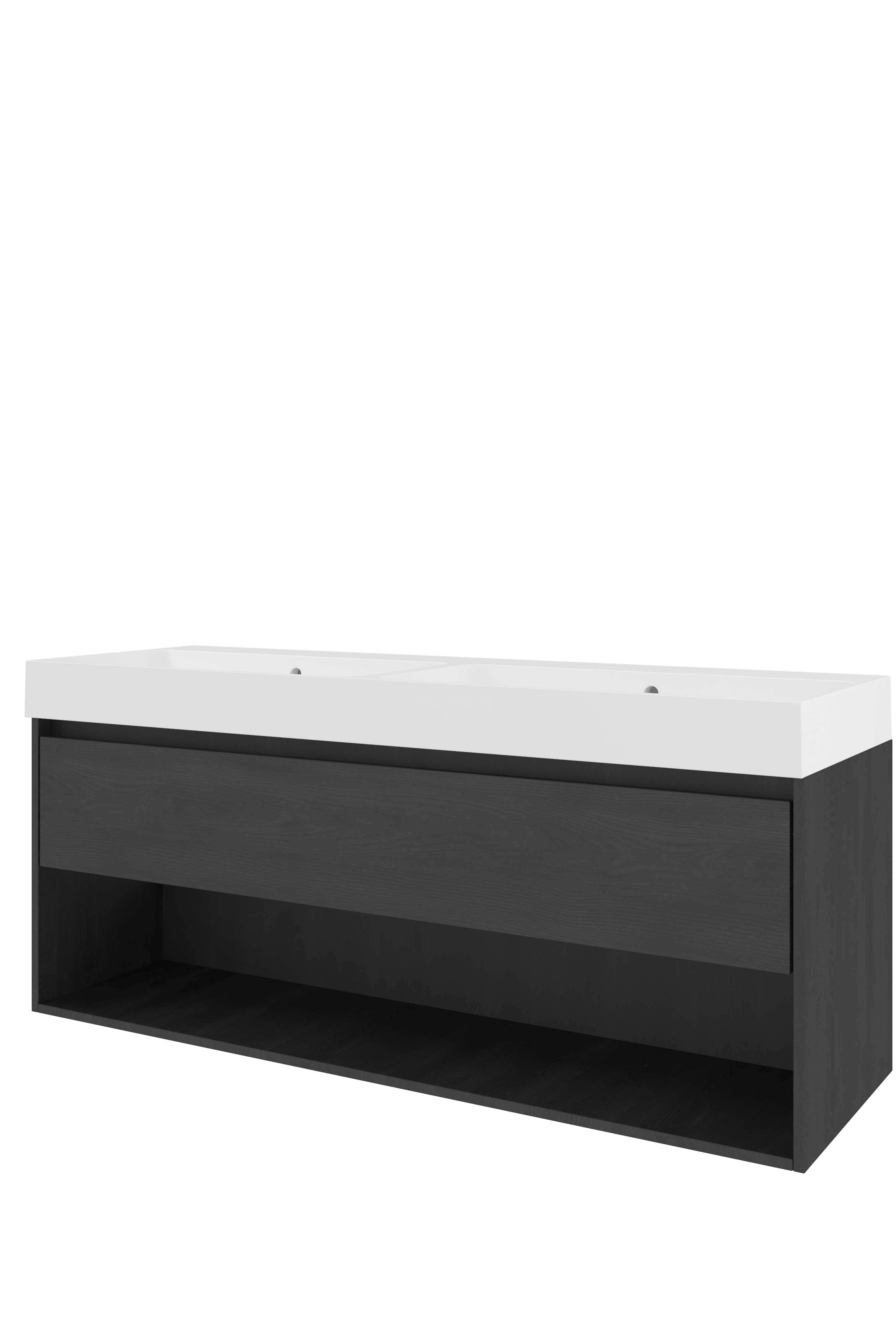 Proline Set polystone Loft wast. z. krgt. en onderkast met schap PGWA1400BO Black oak/Glans wit 1400x460x620
