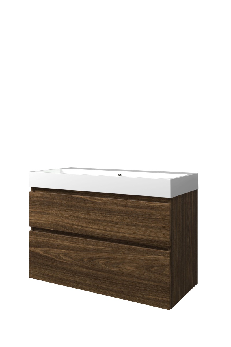 Proline set polystone Loft wast. met 2 krgt. en onderk. a-sym. PGWC1002CA Cabana oak/Glans wit H700xB1000xD460