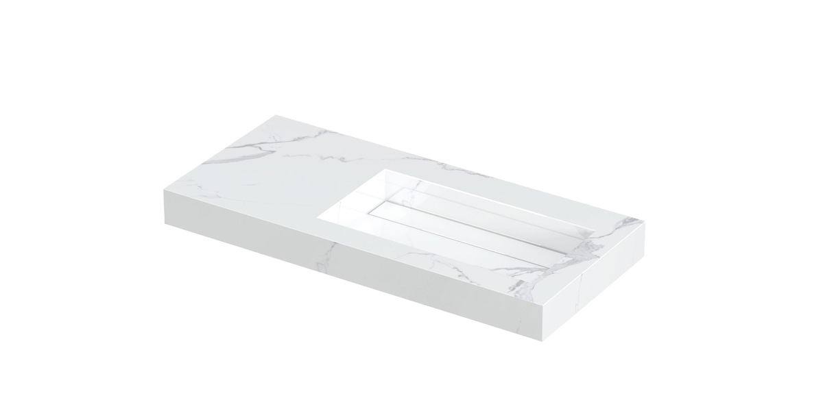 INK Pitch wast. keramische slab R m. drain + front + side skirts zonder krgt. H90xB1000xD450 Statuario glans / 210503