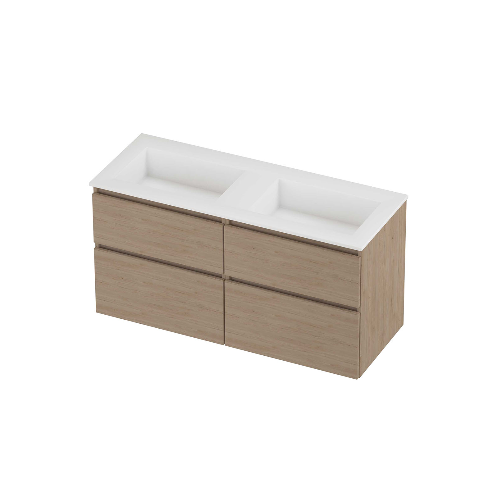 Proline set polystone Elegant wast. z. krgt. en onderk. 4 laden a-sym. AMWC2x600IO Ideal oak/Mat wit H620xB1200xD460