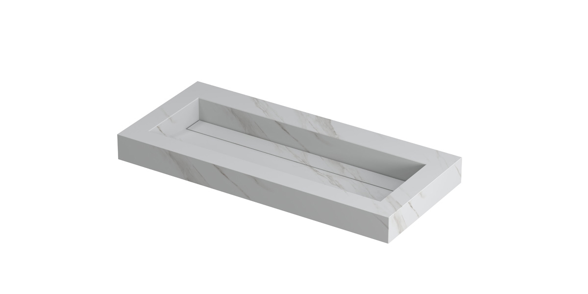 INK Pitch wast. keramische slab centraal m. drain + front + side skirts zonder krgt. H90xB1000xD450 Calacatta mat / 210340