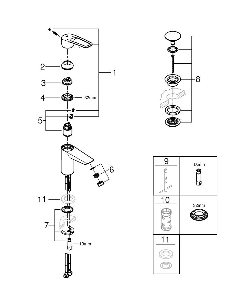 Grohe Eurosmart wastafelmengkraan s-size open greep Gladde Body 23980003