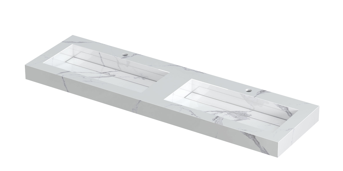 INK Pitch wast. keramische slab bak dubbel m. drain + front + side skirts 2 krgt. H90xB1600xD450 Statuario glans / 210453
