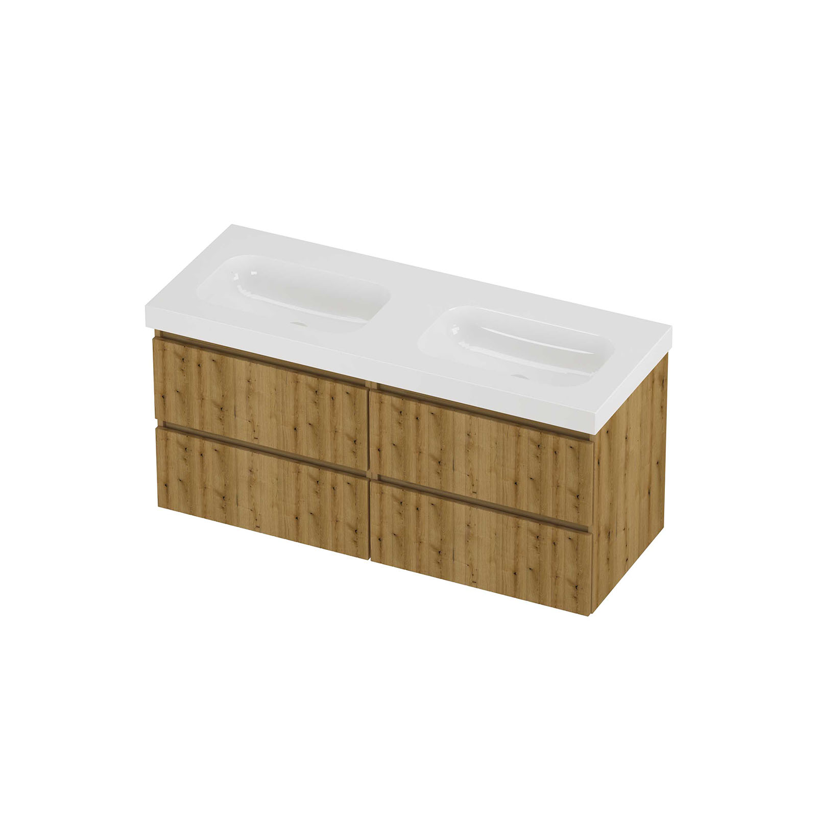 Proline Set polystone Mezza wast. dub. wasbak z. krgt. en onderk. 4 la sym. gefreesd HGWD2x600UO Glans wit/Urban oak 120x46x58