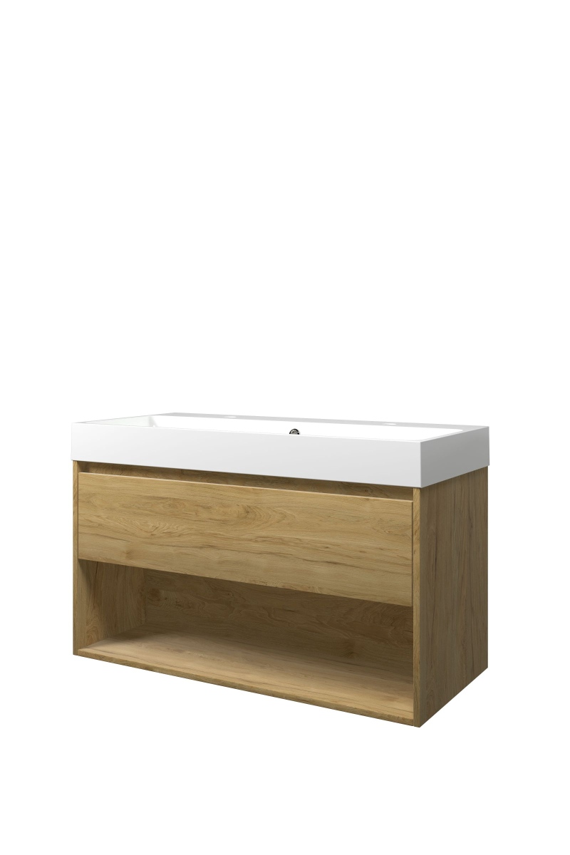 Proline set polystone Loft wast. met 2 krgt. en onderk. met schap PGWA1002IO Ideal oak/Glans wit H620xB1000xD460