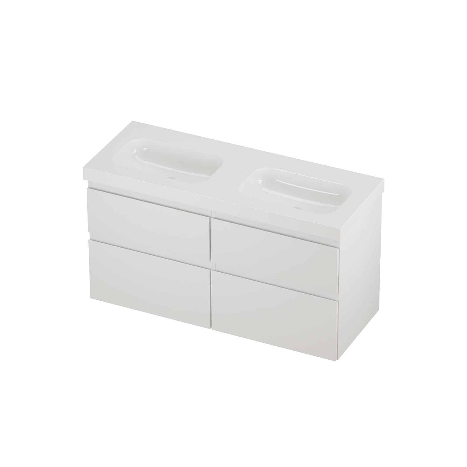 Proline Set polystone Mezza wast. dub. wasbak z. krgt. en onderk. 4 la a-sym. HGWC2x600MW Glans wit/Mat wit 120x46x66