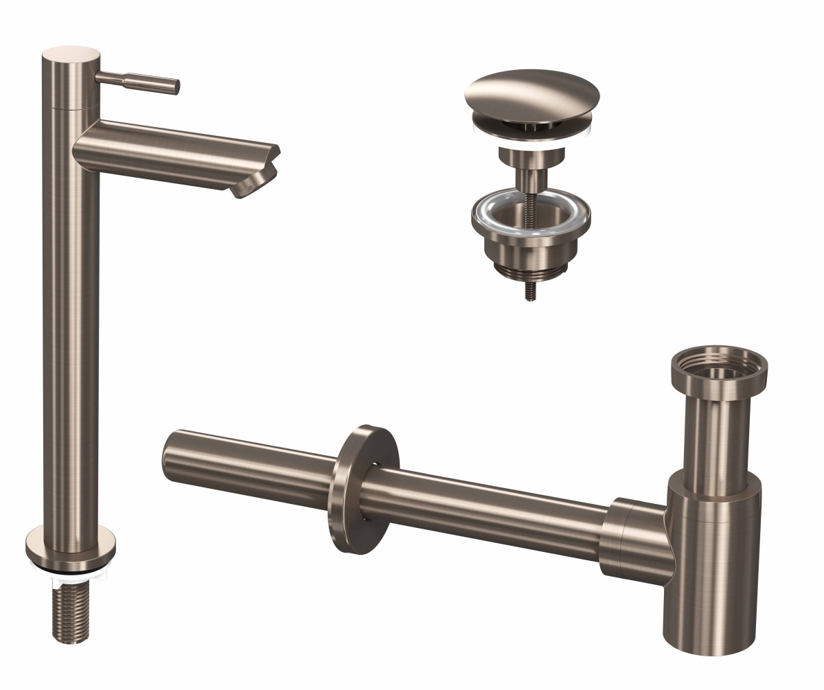 INK set 2A fonteinkraan staand hoog always open plug en design sifon 9902415 Brushed nickel