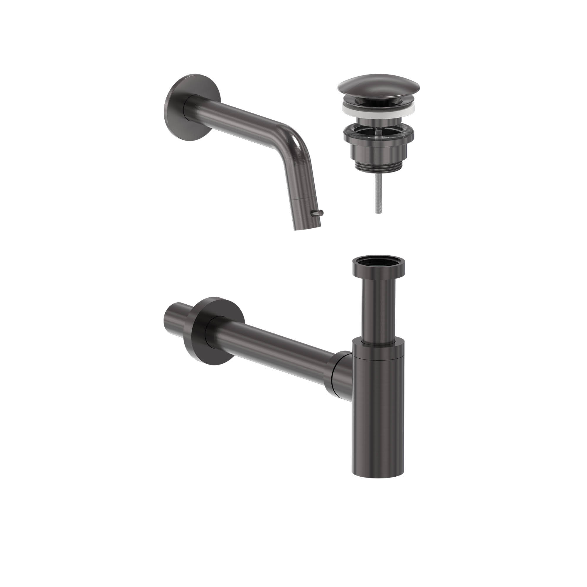 MAY Stilo set Fonteinkraan wandmodel plug always open en sifon 6803656 Geborsteld carbon black PVD