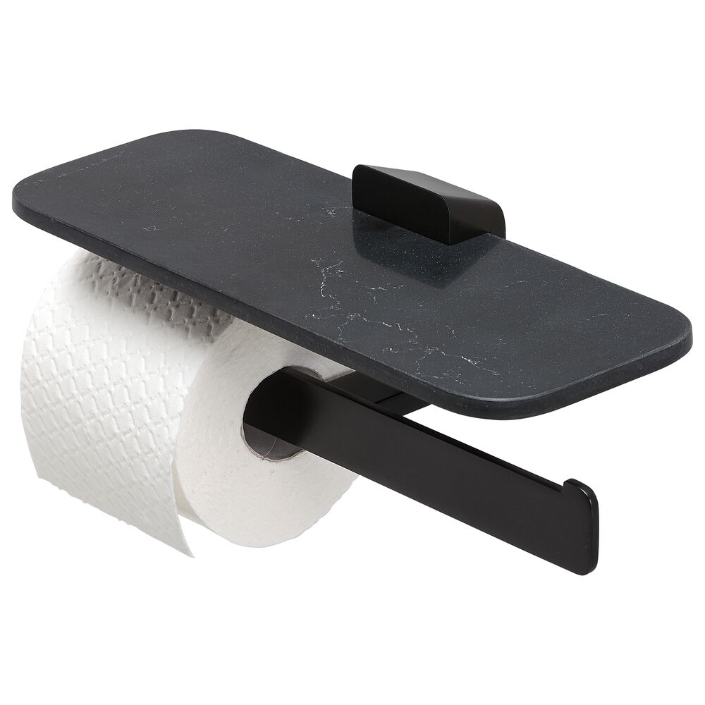Geesa Shift toiletrolhouder dubbel zwart met planchet van matzwarte marmerlook 919948-06-M6
