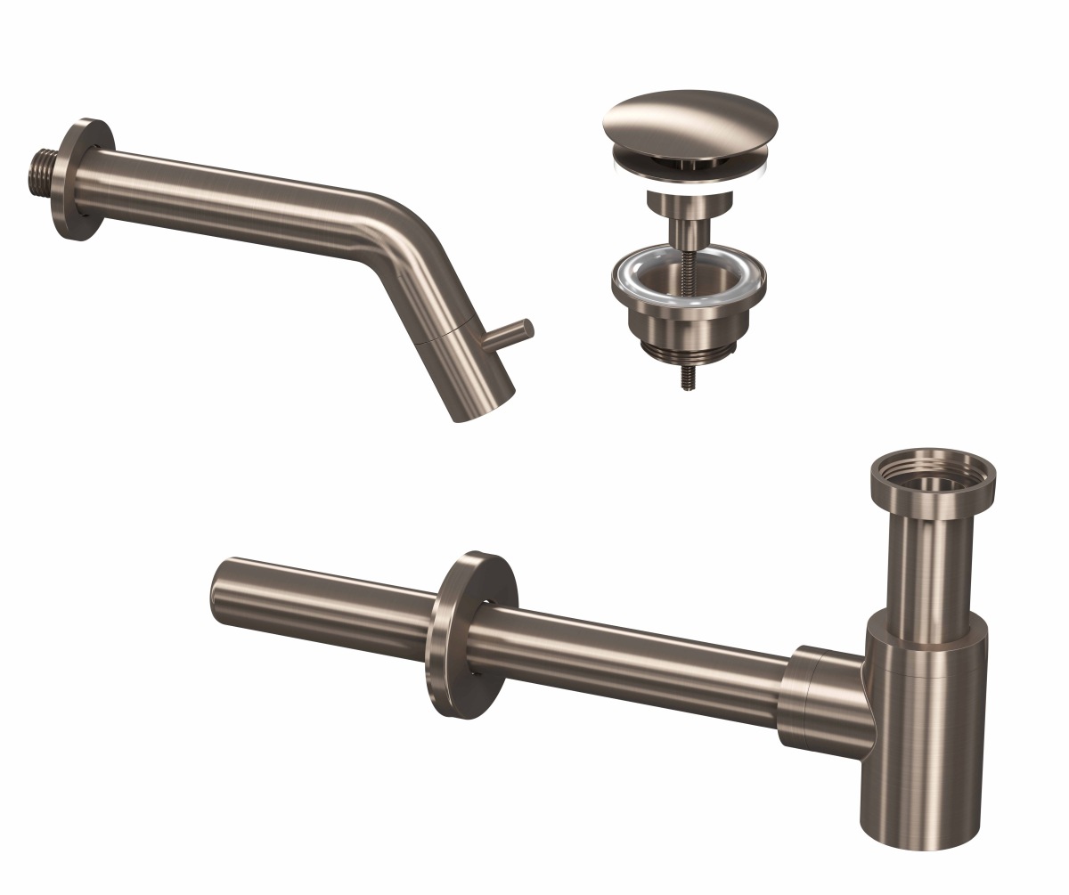 INK set 3A fonteinkraan wandmodel always open plug en design sifon 9902425 Brushed nickel