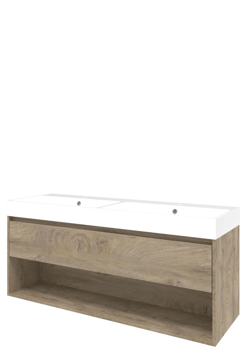 Proline polystone Loft wast. m. 2 krgt. + onderk. m. schap PGWA1402RO H620xB1400xD460 Raw oak / Glans wit