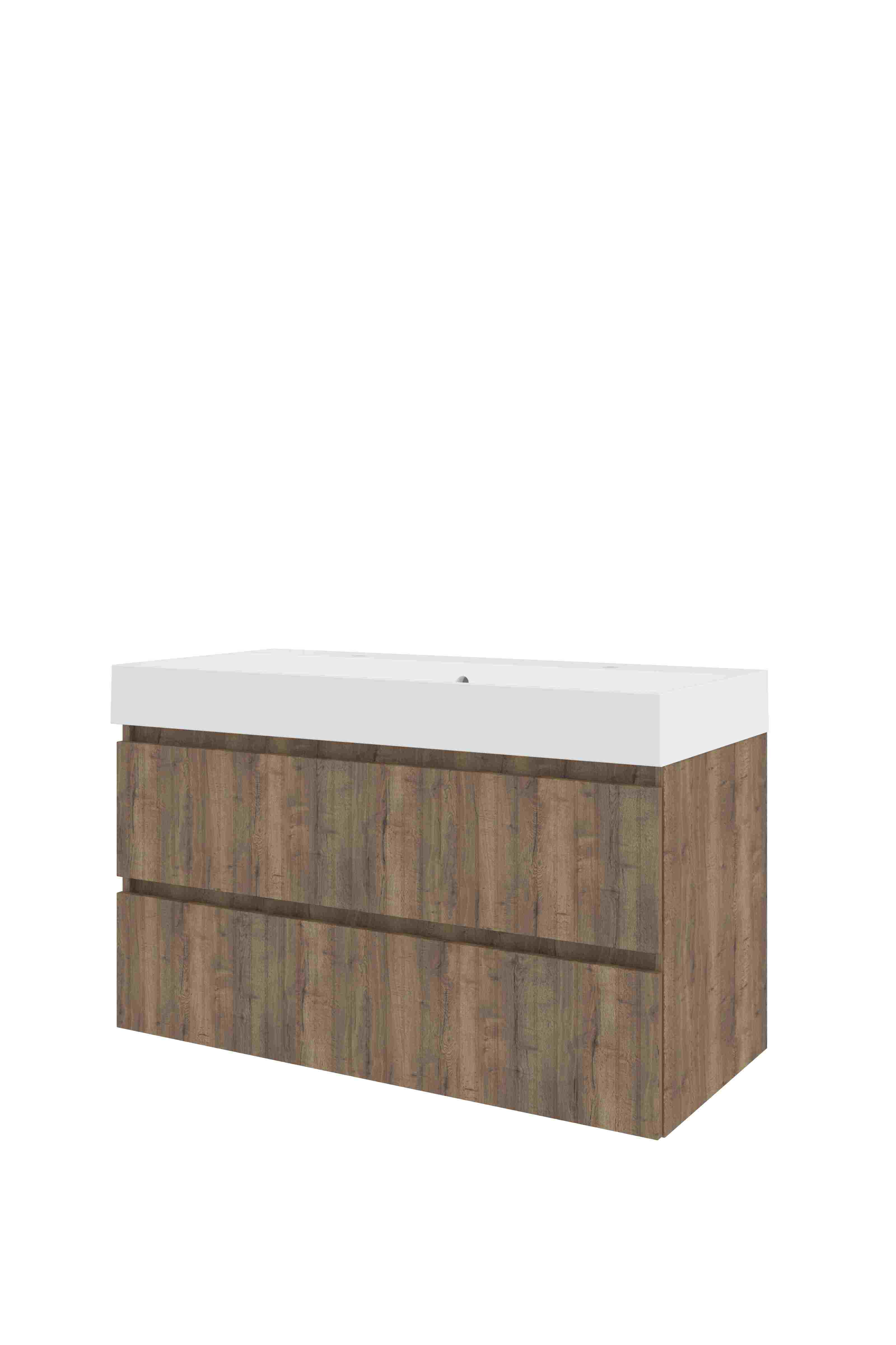 Proline Set polystone Loft wast. met 2 kr.gaten en onderkast sym. gefr. PMWD1002TO Terra oak/Mat wit 1000x460x620
