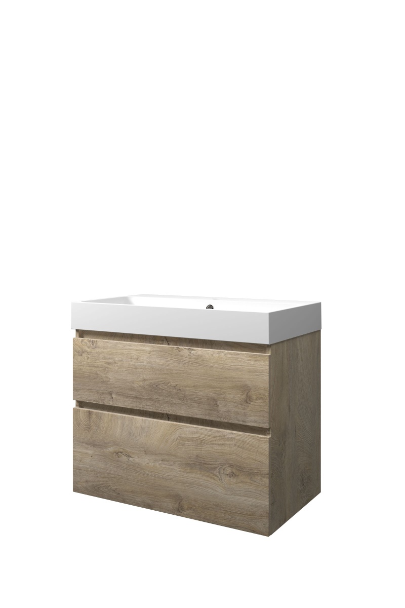 Proline set polystone Loft wast. met 1 krgt. en onderk. a-sym. PMWC801RO Raw oak/Mat wit H700xB800xD460
