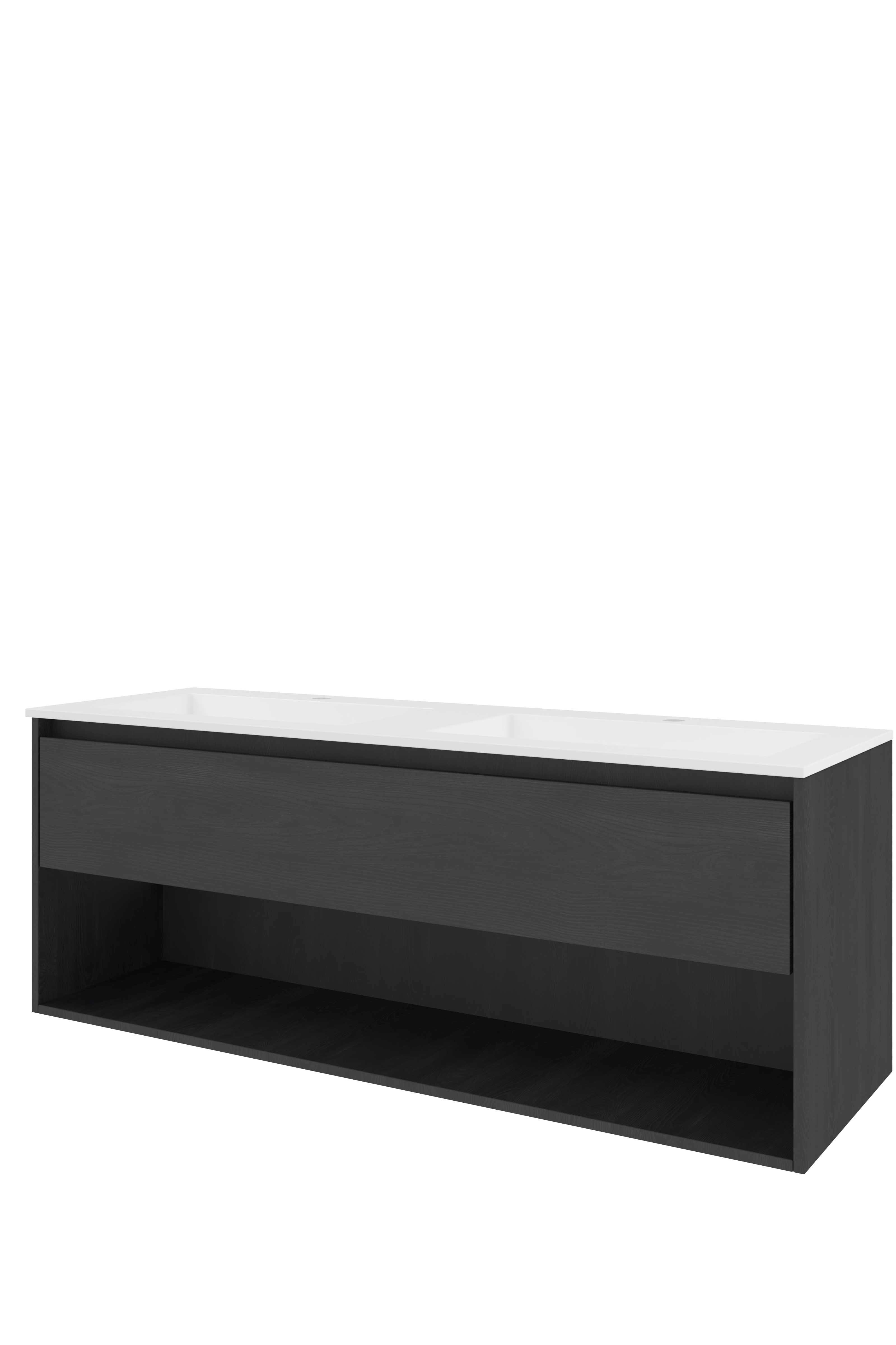 Proline Set polystone Elegant wast. met 2 kr.gaten en onderkast met schap AGWA1402BO Black oak/Glans wit 1400x460x540