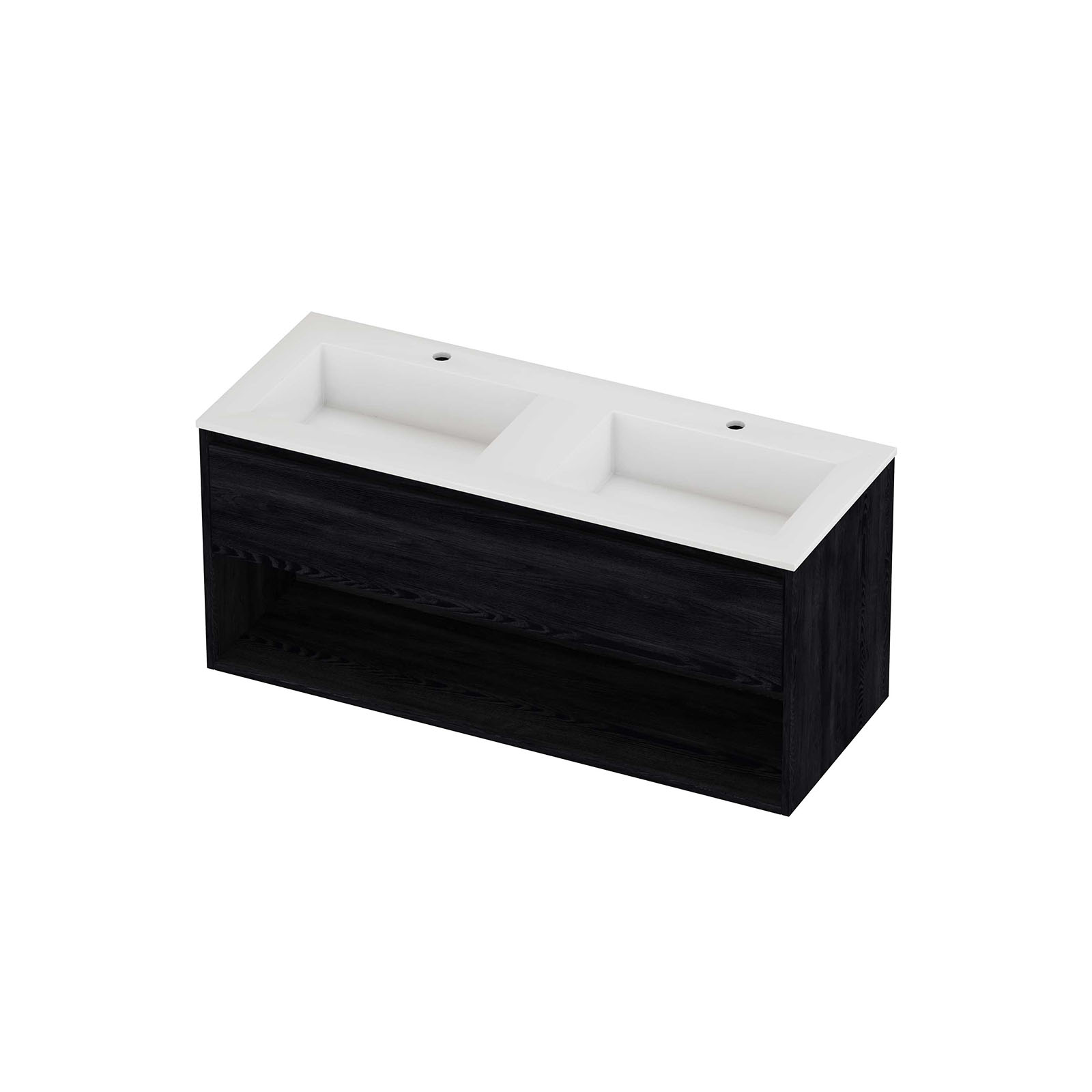 Proline Set polystone Elegant wast. met 2 kr.gaten en onderkast met schap AGWA120D2BO Black oak/Glans wit 1200x460x540