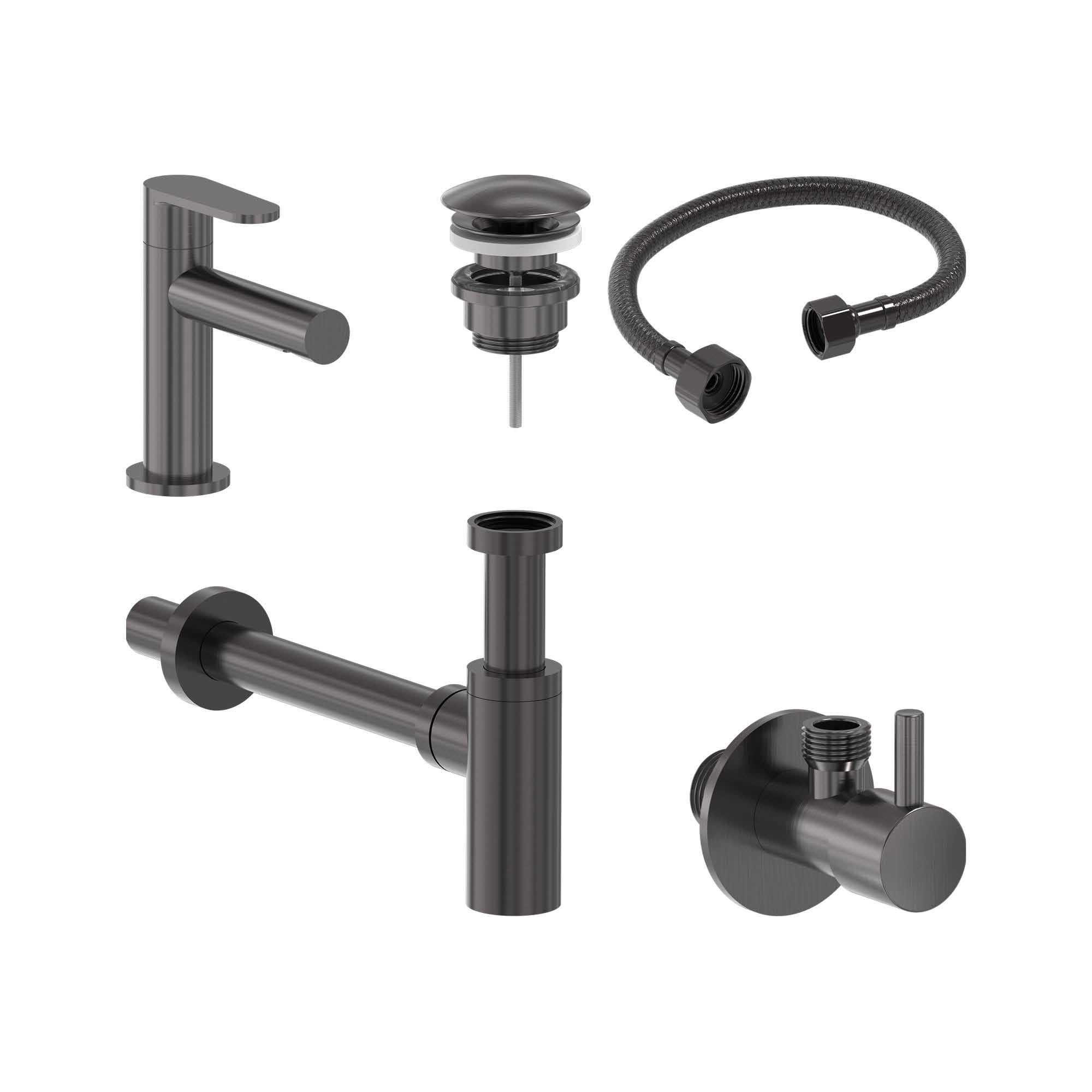 MAY Forma set Fonteinkraan model S plug always open designsifon en hoekstopkraan 6803156 Geborsteld carbon black PVD