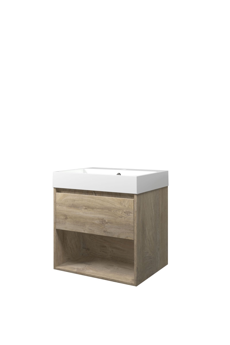 Proline set polystone Loft wast. met 1 krgt. en onderk. met schap PGWA601RO Raw oak/Glans wit H620xB600xD460