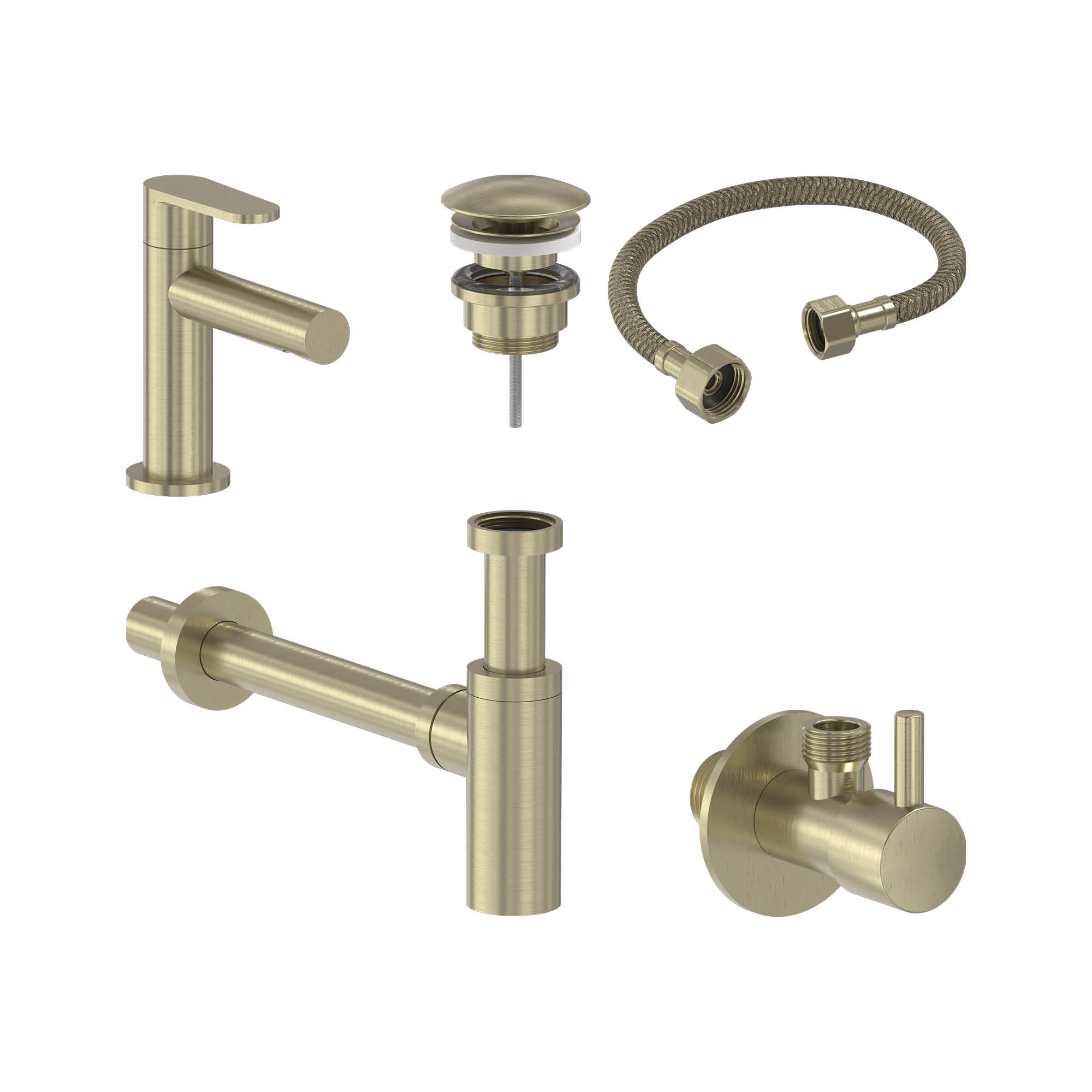 MAY Forma set Fonteinkraan model S plug always open designsifon en hoekstopkraan 6803154 Geborsteld mat goud PVD