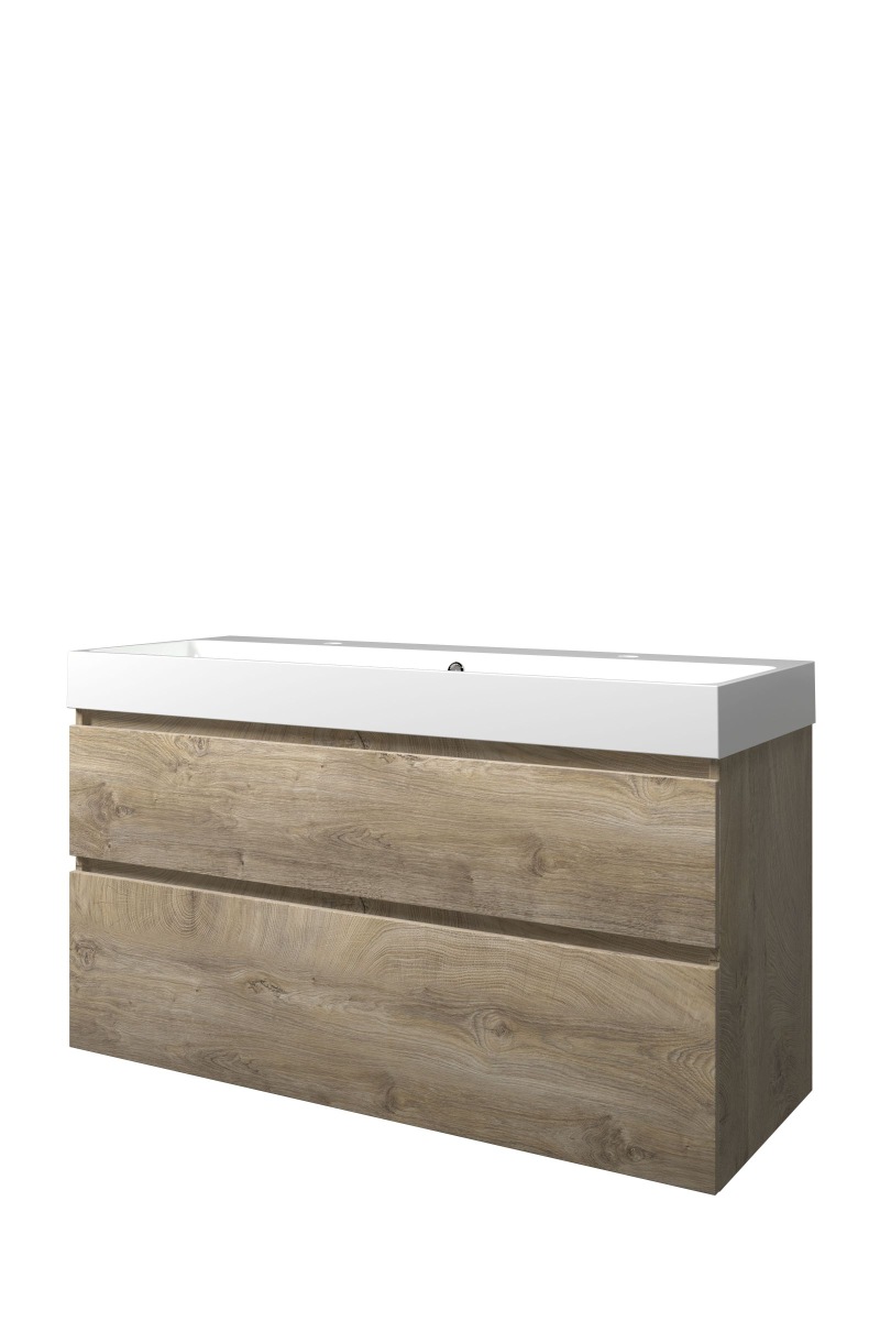 Proline set polystone Loft wast. met 2 krgt. en onderk. a-sym. PGWC1202RO Raw oak/Glans wit H700xB1200xD460