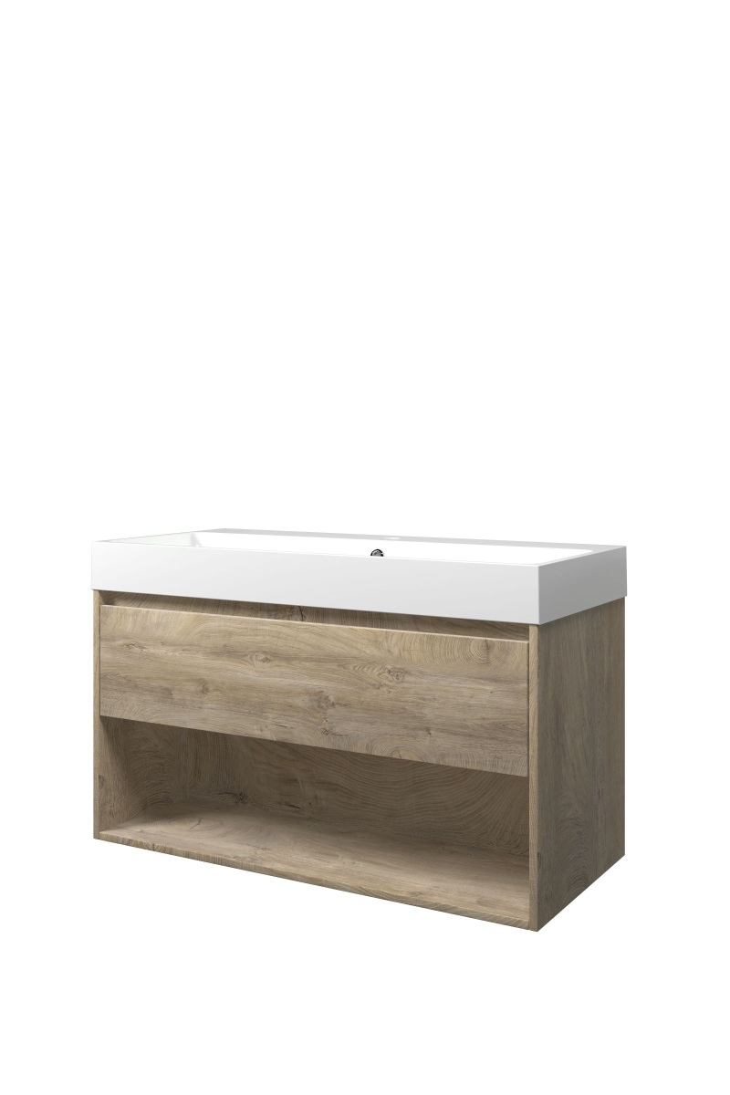 Proline set polystone Loft wast. met 1 krgt. en onderk. met schap PGWA1001RO Raw oak/Glans wit H620xB1000xD460