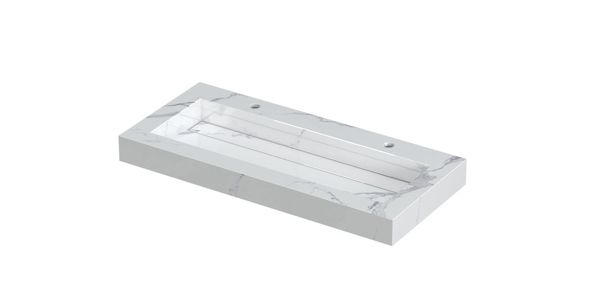INK Pitch wast. keramische slab centraal m. drain + front + side skirts 2 krgt. H90xB1000xD450 Statuario glans / 210363