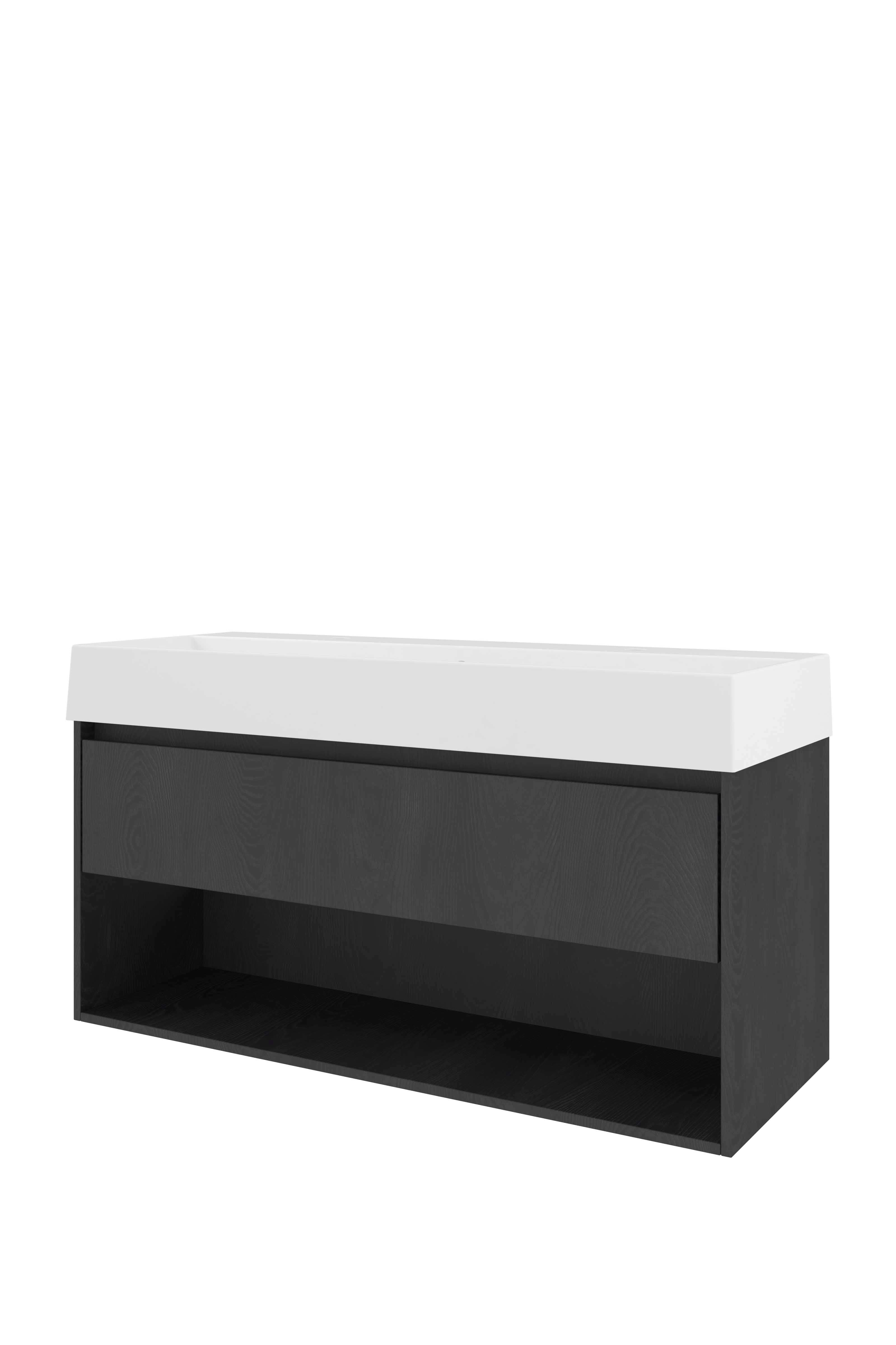 Proline Set porselein Loft wast. met 2 kr.gaten en onderkast met schap 1815394 Black oak/Glans wit 1200x460x650