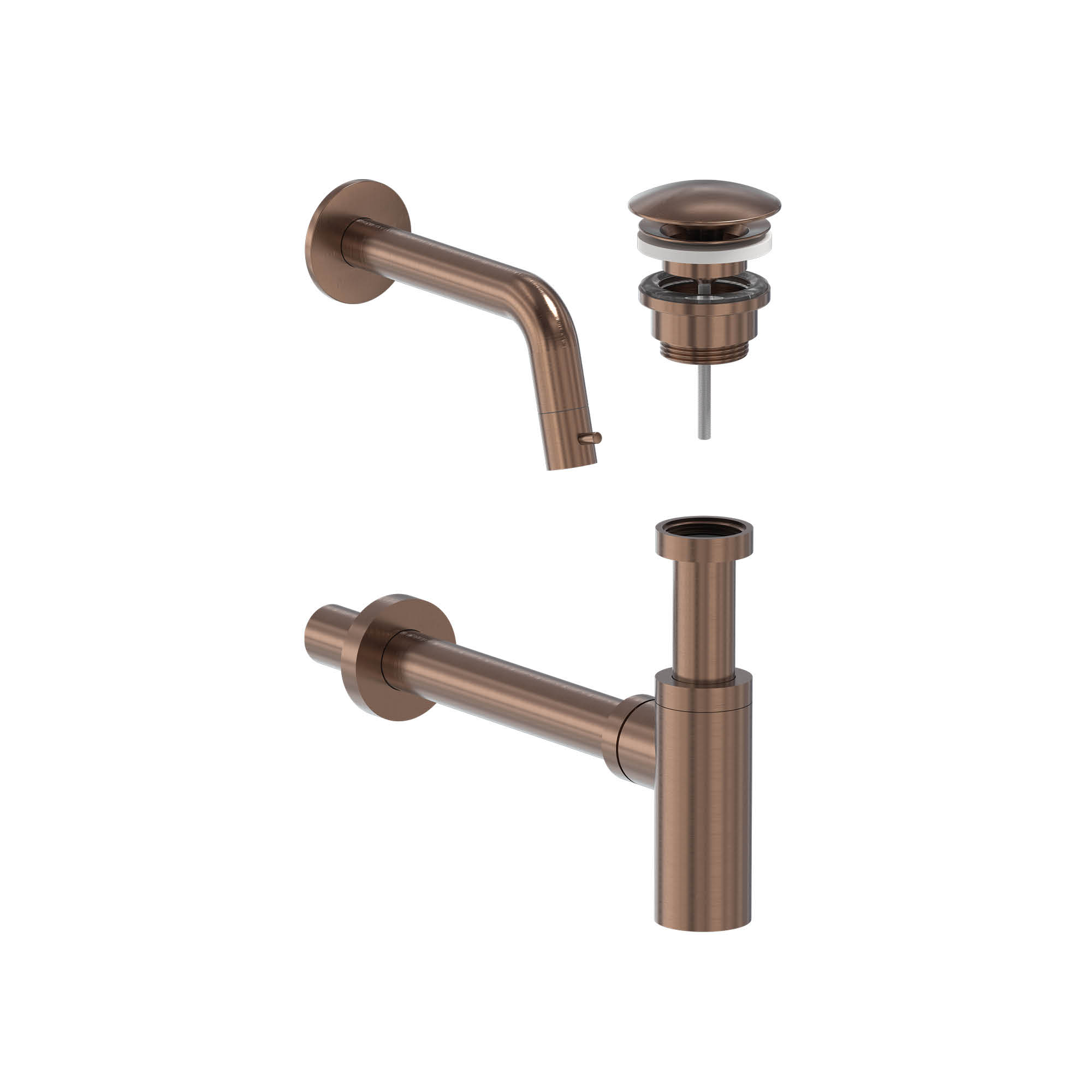 MAY Stilo set Fonteinkraan wandmodel plug always open en sifon 6803655 Geborsteld mat koper PVD