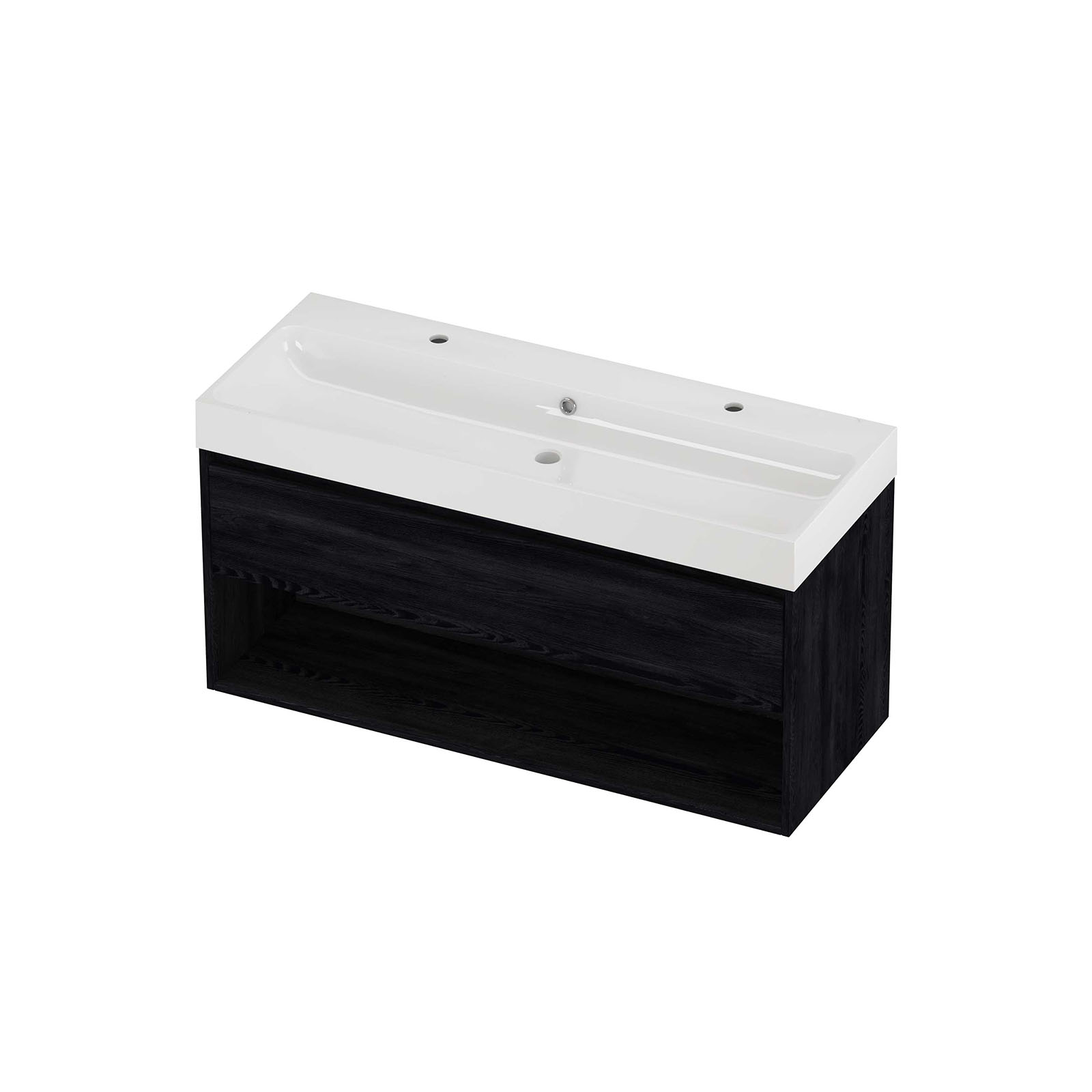 Proline Set polystone Loft wast. met 2 kr.gaten en onderkast met schap PGWA1202BO Black oak/Glans wit 1200x460x620
