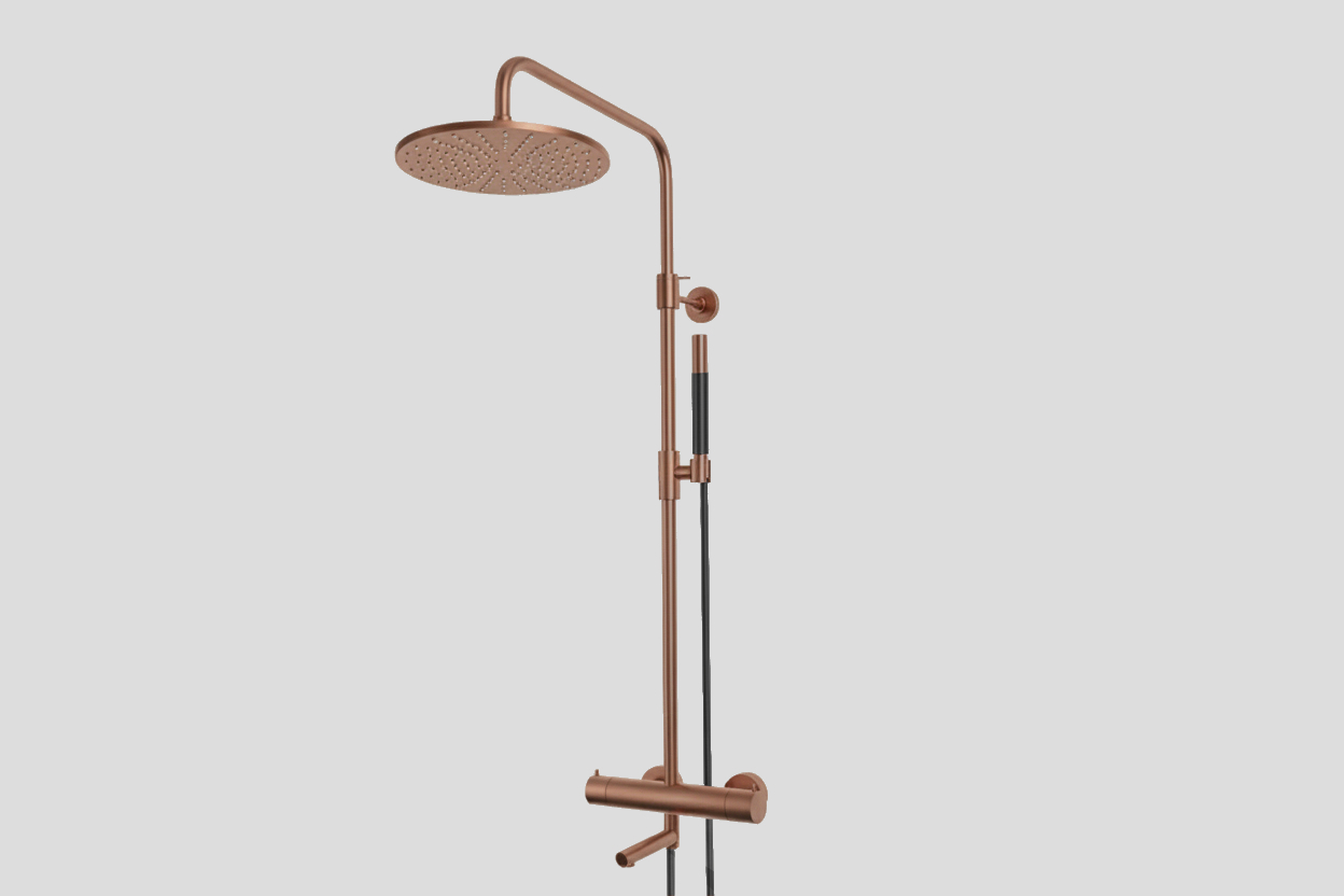 Lagoo Garda thermostatische bad/douche set met hoofddouche 250 mm en handdouche staaf G5301BK Brushed Copper PVD